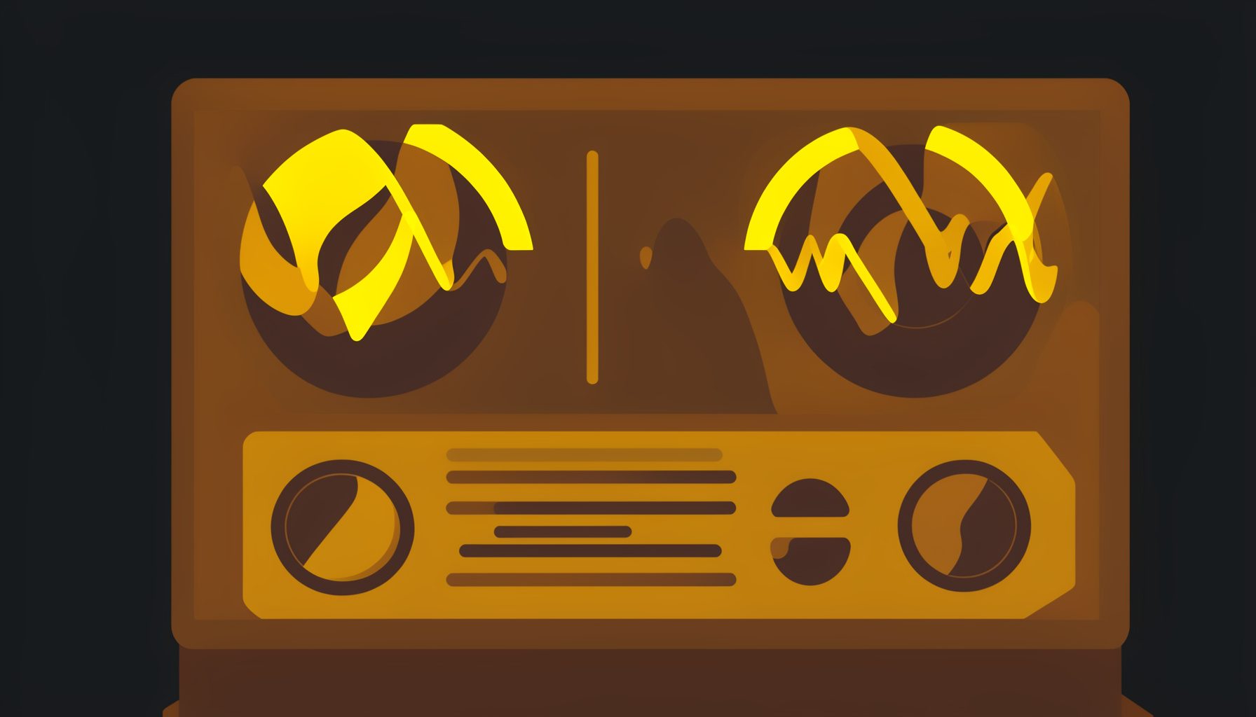 Vintage radio studio with glowing dials, sound waveforms, and warm amber and deep charcoal tones