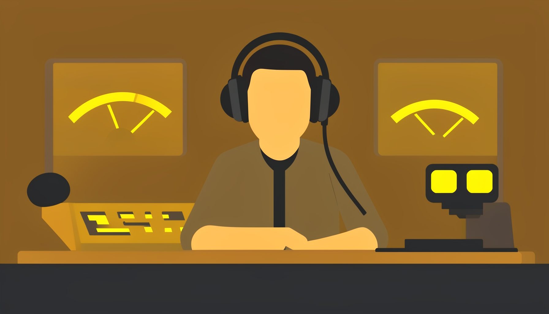 Radio DJ at a broadcast console with headphones, warm amber and charcoal tones, sound level meters glowing