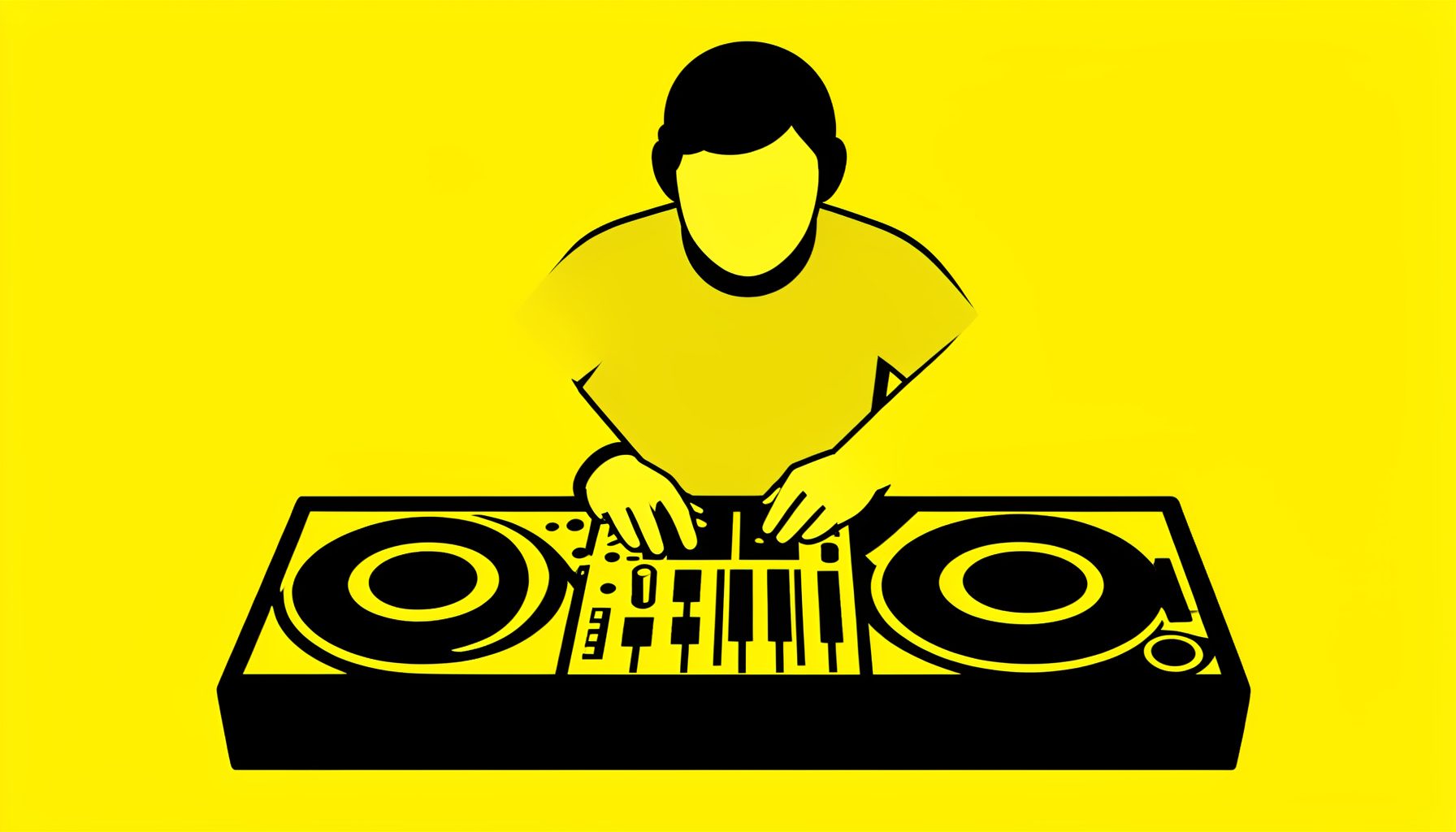 DJ adjusting a mixing board, bold black and yellow graphic style, equalizer bars dancing