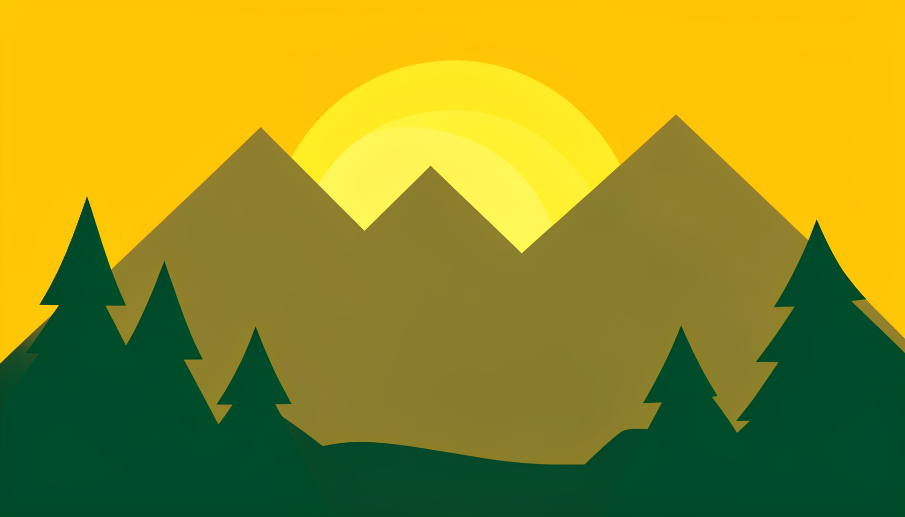 Mountain peaks silhouetted against a golden sunset sky with pine trees in the foreground